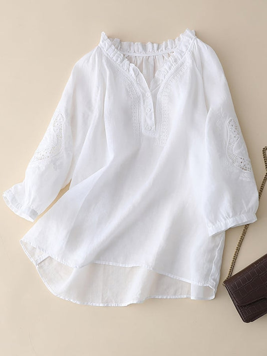 Lovevop Loose Embroidered V-Neck 3/4 Sleeve Shirt