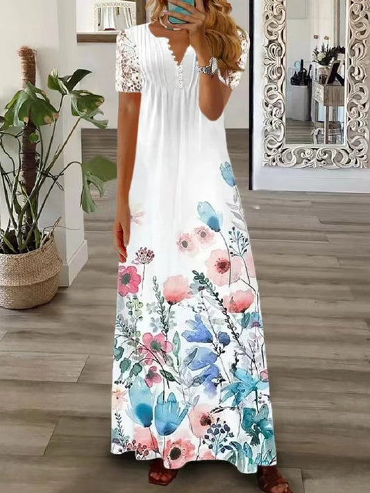 Women Floral Print Lace Splicing Dress