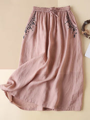 Lovevop Cotton Linen Embroidered Mid-length Loose Artistic Casual Skirt