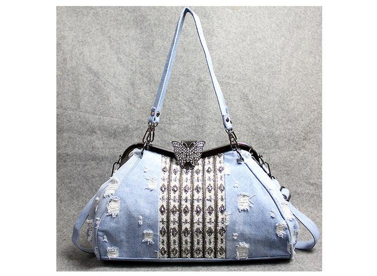 lovevop Light Blue Denim Butterfly Clip Diamond Crossbody Bag