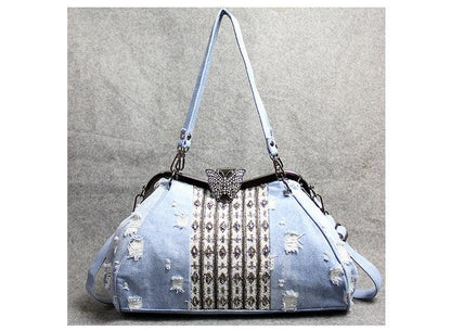 lovevop Light Blue Denim Butterfly Clip Diamond Crossbody Bag