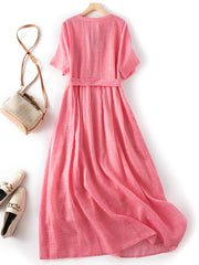 Lovevop Ethnic Pleated Waistband Cotton Linen Dress