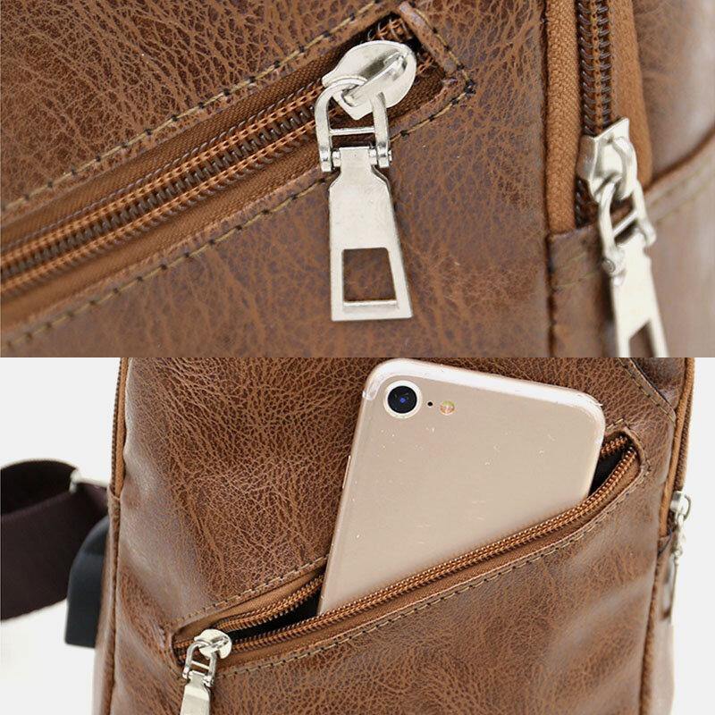 lovevop Men Faux Leather USB Charging Earphone Travel Retro Business Chest Bag Crossbody Bag