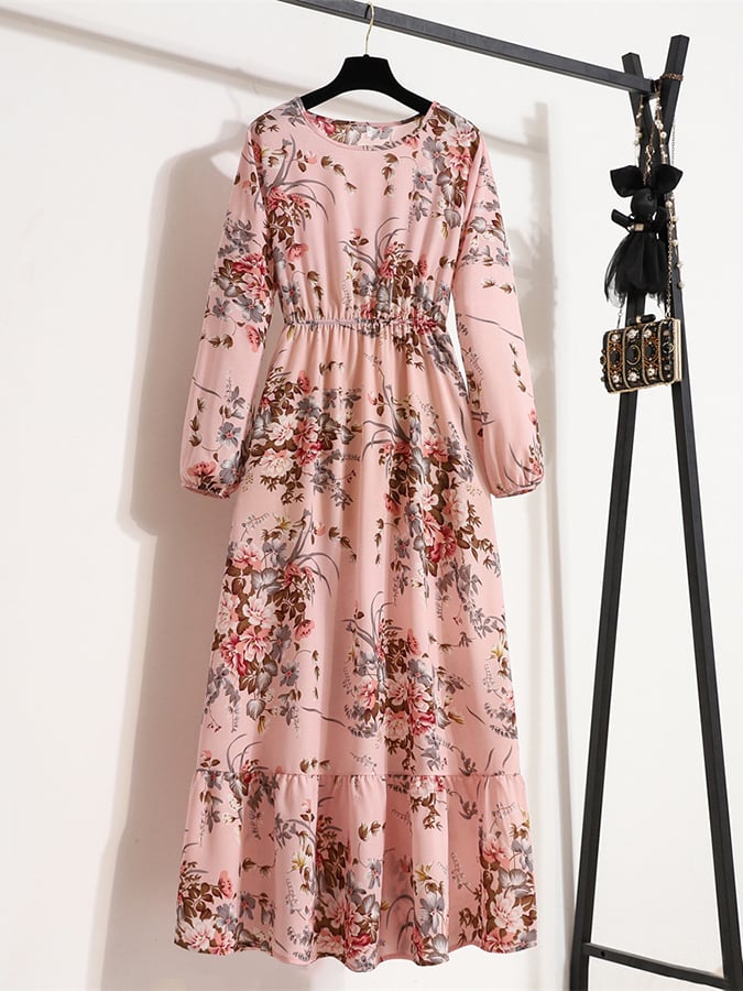 Lovevop Printed Bubble Sleeves Wrapped Waist Fragmented Flower Dress