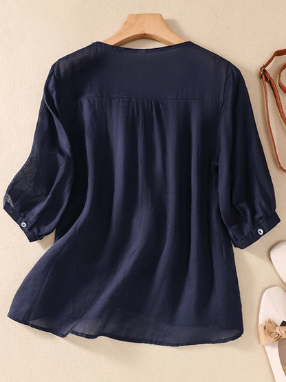 Lovevop Solid Color Round Neck Embroidered Casual Top