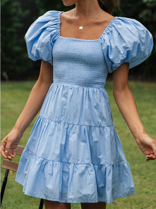 Women'S Solid Color Paneled Balloon Sleeve Layered Dress