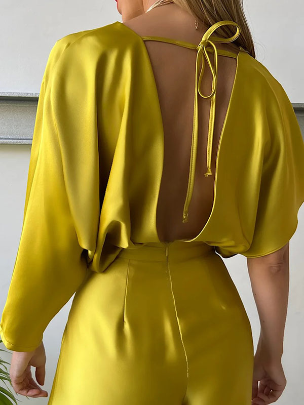 Love-vop - Asymmetric Solid Color Deep V-Neck Jumpsuits