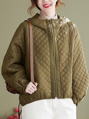 lovevop Simple Long Sleeves Loose Keep Warm Solid Color Zipper Hooded Padded Coat/Down Coat