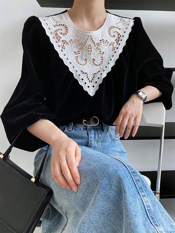 lovevop Urban Puff Sleeves Hollow Split-Joint Round-Neck Blouse Top
