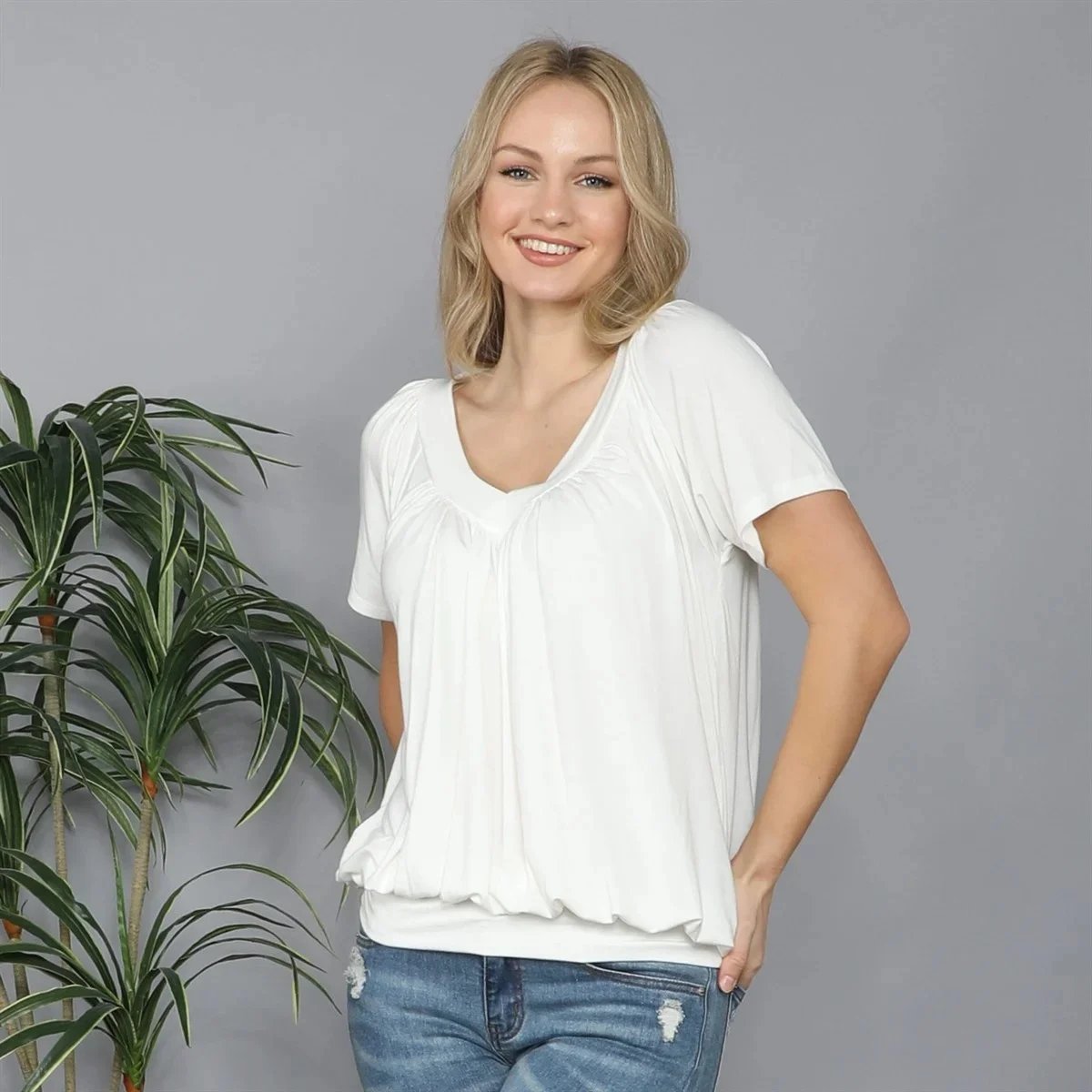 Solid Color Pleat Design T-shirt Top