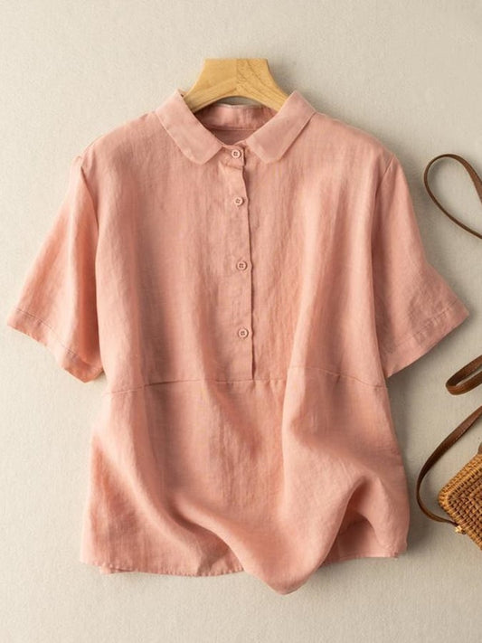 Lovevop Cotton Solid Color Artistic Retro Loose Short Sleeve Shirt