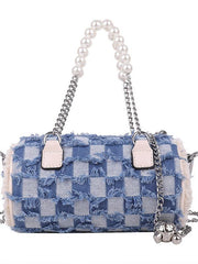 lovevop Stylish Pearl Chain Panel Denim Bag