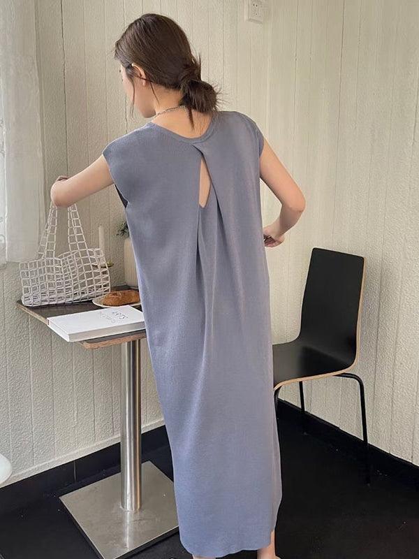 lovevop Simple Round-neck Open Back Hollow Sleeveless Dress