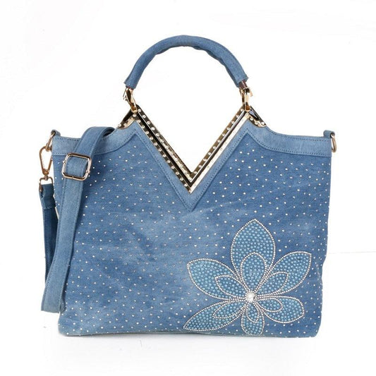 lovevop Fashion Women's V-shaped Diamond Flower Denim Bag
