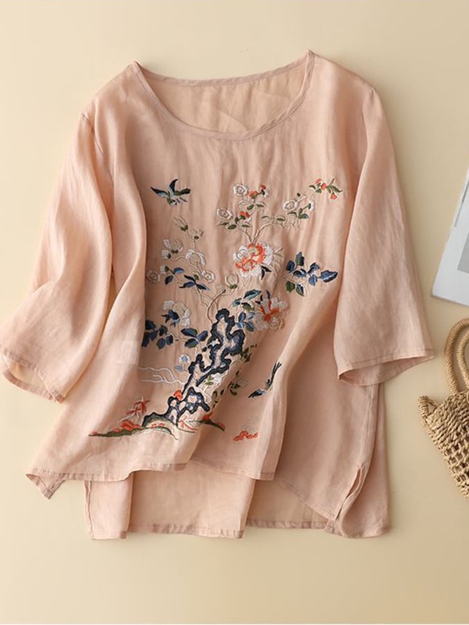 Lovevop Cotton Embroidered Loose Round Neck Quarter Sleeve Slimming Shirt