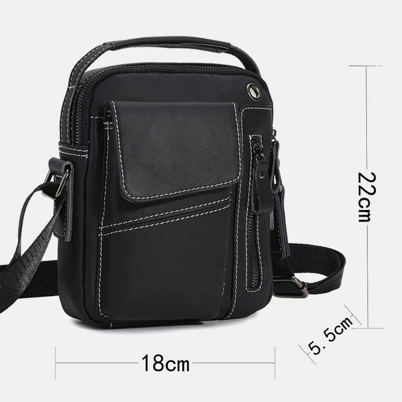 lovevop Men Genuine Leather Multi-pocket Headphone Hole Vintage 6.5 Inch Phone Bag Crossbody Bag Shoulder Bag Messenger Briefcase