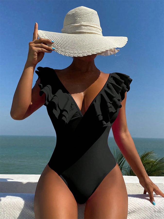 V-Neck Flying Sleeves Tight One Piece Swimsuit