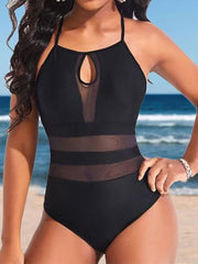 Solid Mesh Stitching Sexy Hollow Out Hanging Neck One Piece Swimsuit