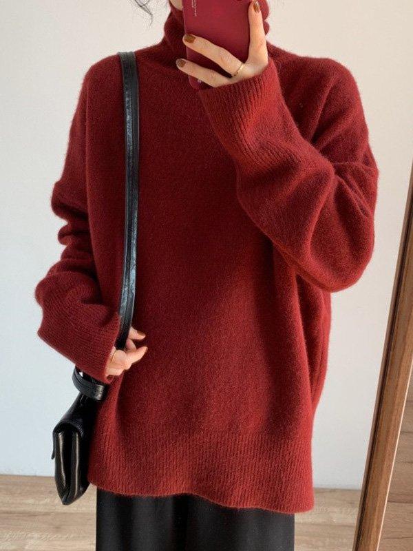 lovevop Casual Long Sleeves Loose Solid Color High-Neck Sweater Tops