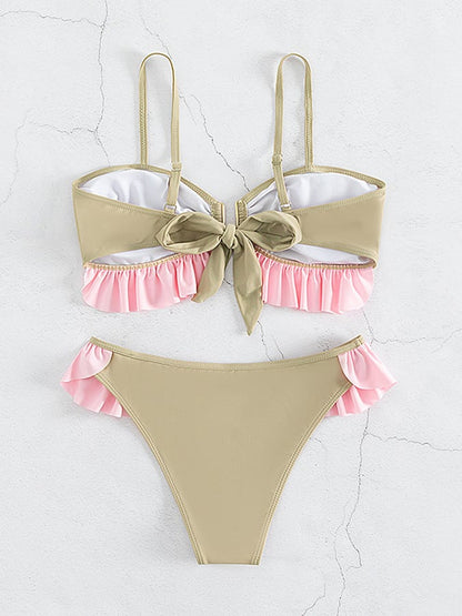 Ruffled Edge Spliced Strap Sexy Split Bikini