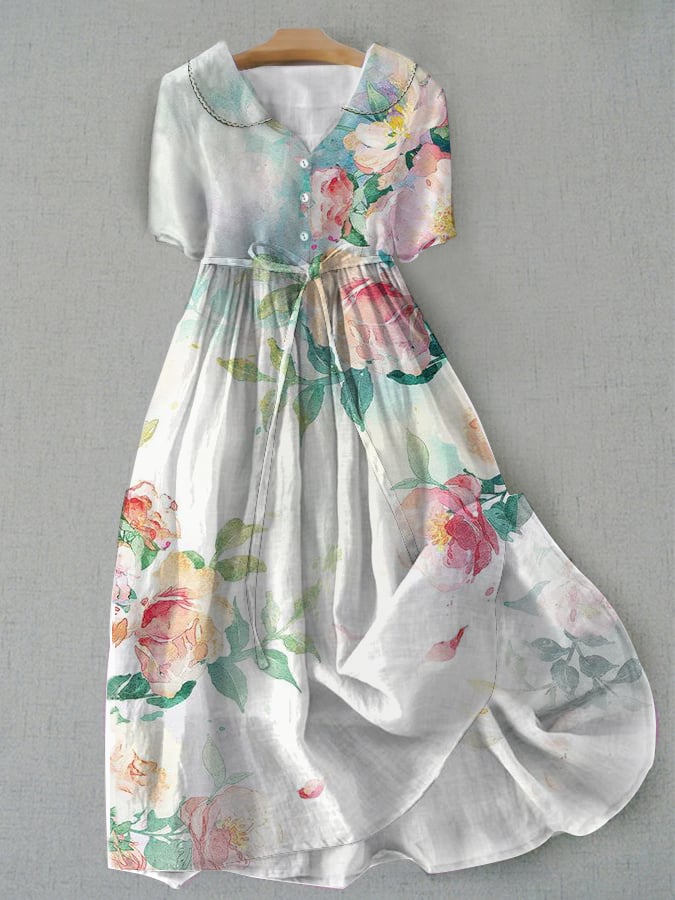 Lovevop Artistic Floral Print Doll Neck Dress