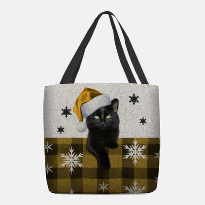 lovevop Women Felt Cute Cartoon Festive Christmas Dressed Cat Snowflake Pattern Shoulder Bag Handbag Tote