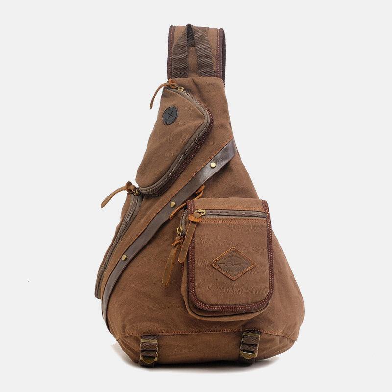 lovevop Men Genuine Leather And Canvas Travel Outdoor Carrying Bag Multi-pocket Crossbody Bag Chest Bag