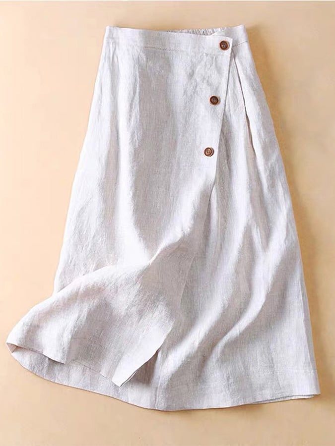 Lovevop Cotton Linen Button Half Elastic Waist Casual Skirt