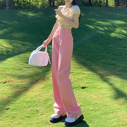 Women's straight leg jeans american style high street pants