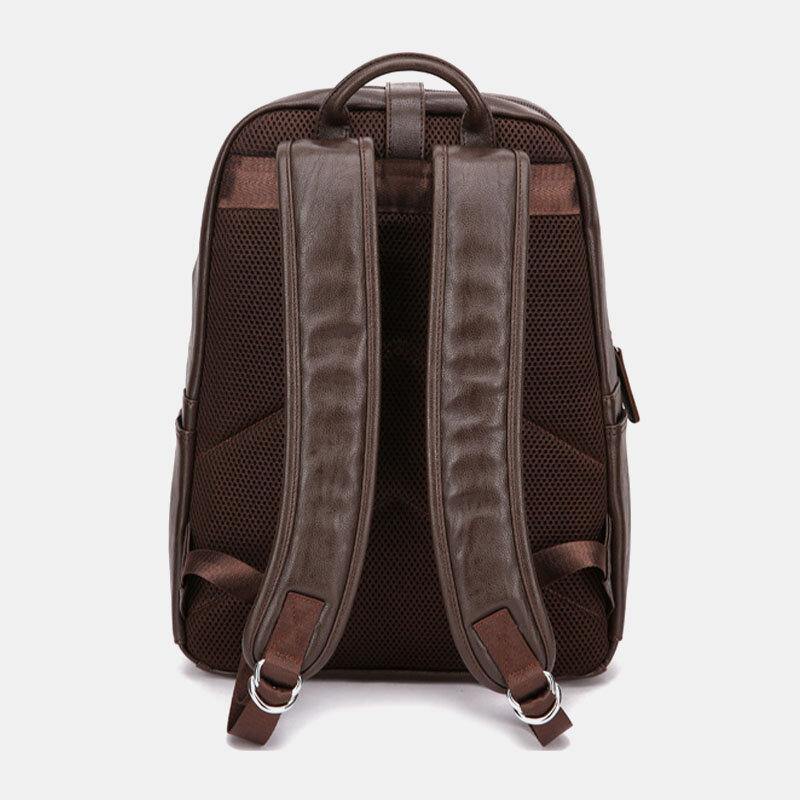 lovevop Men PU Leather Large Capacity Multi-pocket Vintage 14 Inch Laptop Backpack