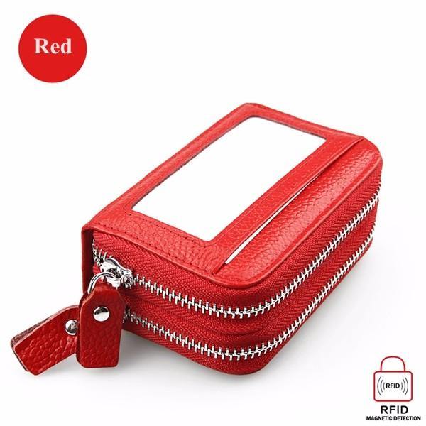 elvesmall Genuine Leather RFID Double Zipper 11 Card Holder Coin Bag