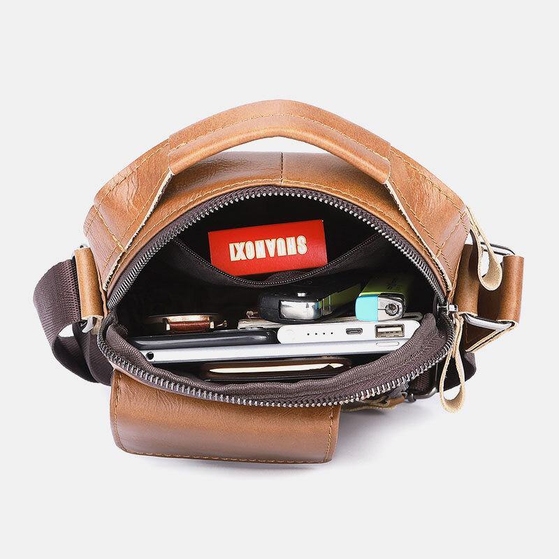 lovevop Men Genuine Leather Multi-pocket Headphone Hole Vintage 6.5 Inch Phone Bag Crossbody Bag Shoulder Bag Messenger Briefcase