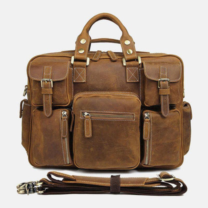 lovevop Men Genuine Leather Detachable Strap Large Multi-Pocket 15.6 Inch Laptop Bag Briefcase Messenger Bag Crossbody Bags