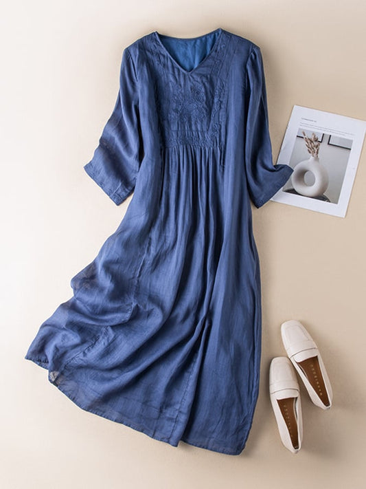 Lovevop Vintage Cotton And Linen V-Neck Embroidered Long Sleeved Dress