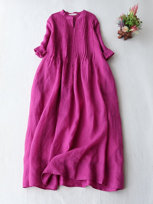 Lovevop Elegant Pleated Loose Cotton Linen Dress