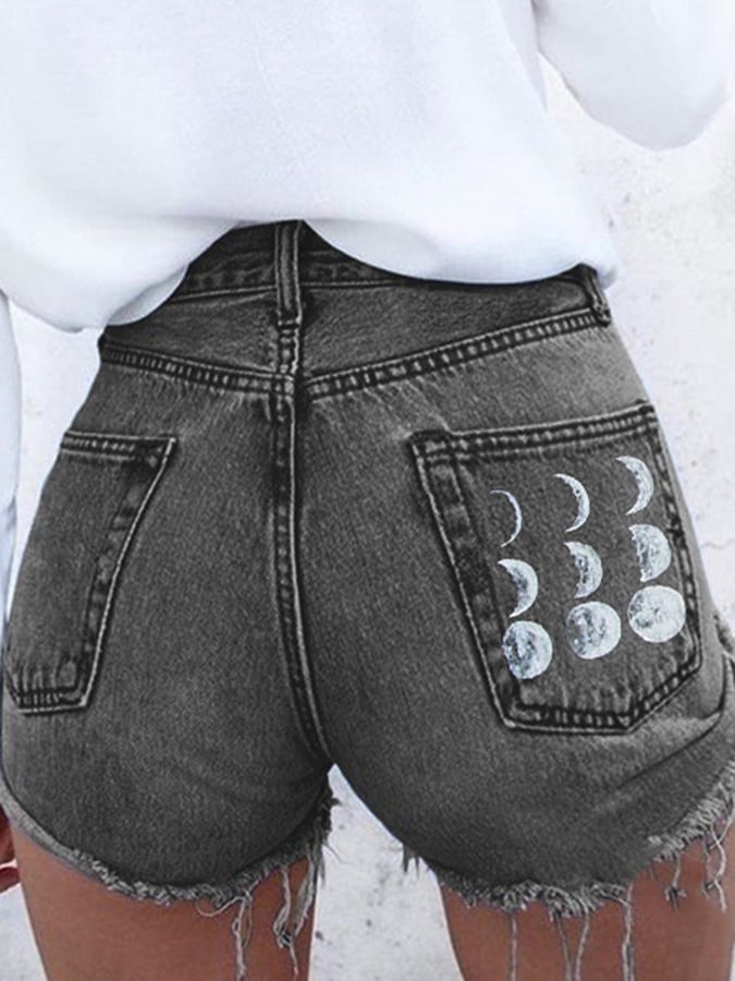 Moon Print Hip Sexy Denim Shorts