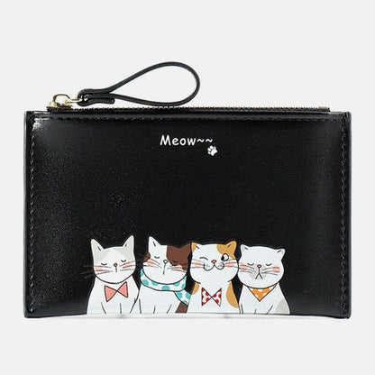 elvesmall Women Faux Leather Cute Cartoon Cats Printing Ultra-thin Card Case Coin Bag Wallet