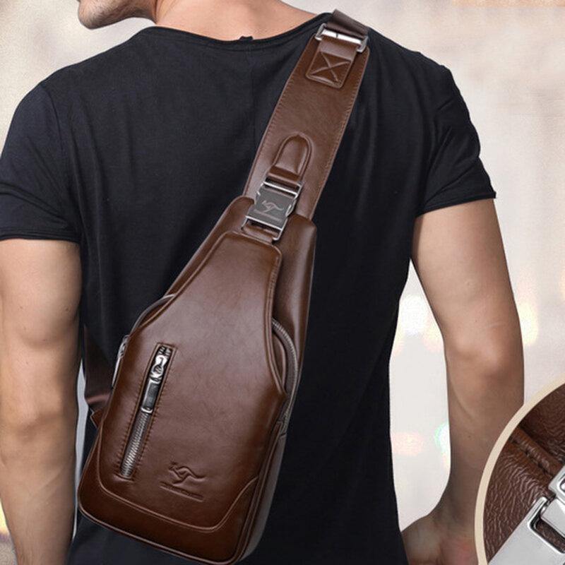 lovevop Men PU Leather Business Casual Outdoor Waterproof Multi-carry Shoulder Bag Crossbody Bag Chest Bag With USB Charging