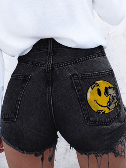 Smiley Print Hip Sexy Denim Shorts