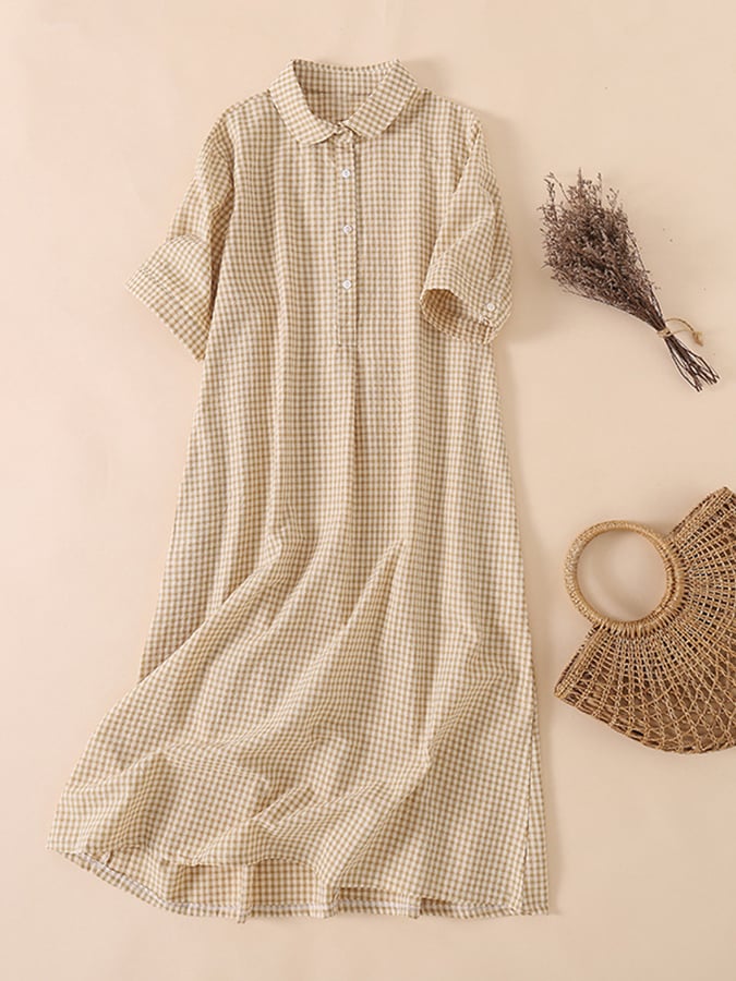 Lovevop Cotton And Linen Plaid Retro Casual Loose Polo Neck Dress