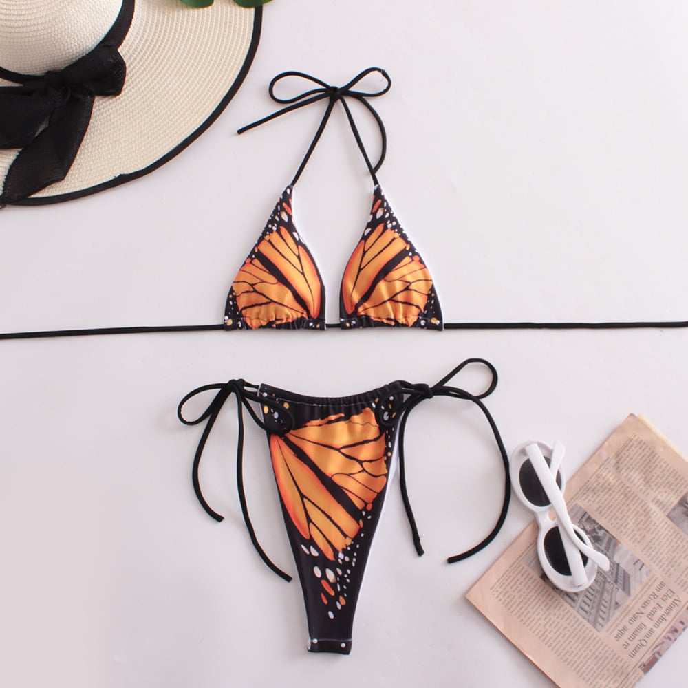 Sexy strappy butterfly print bikini