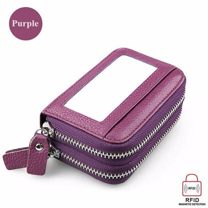 elvesmall Genuine Leather RFID Double Zipper 11 Card Holder Coin Bag