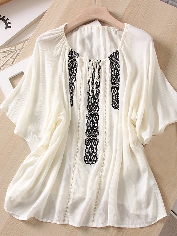 Lovevop Fashion Embroidered Lace Up Round Neck Shirt
