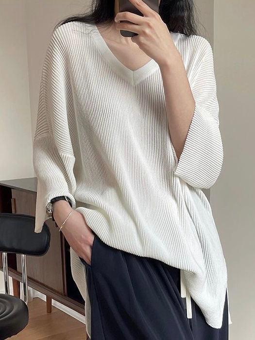 lovevop V-neck Loose Ice Silk Knitted T-shirt