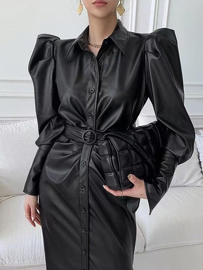 lovevop Graceful Lapel Buckle Belt Puff Sleeve PU Leather Dress