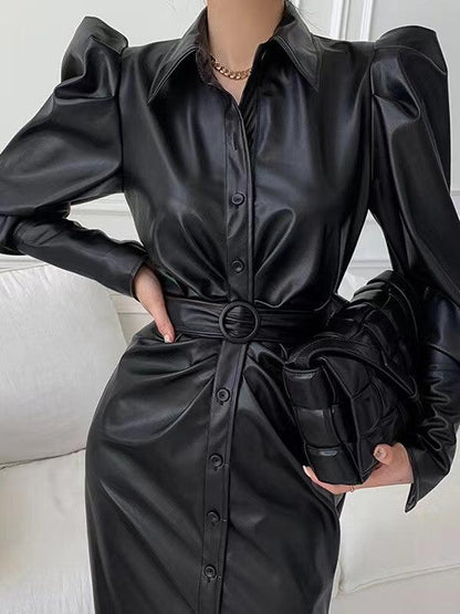 lovevop Graceful Lapel Buckle Belt Puff Sleeve PU Leather Dress