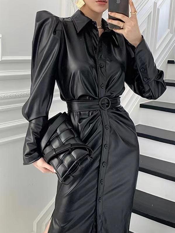 lovevop Graceful Lapel Buckle Belt Puff Sleeve PU Leather Dress