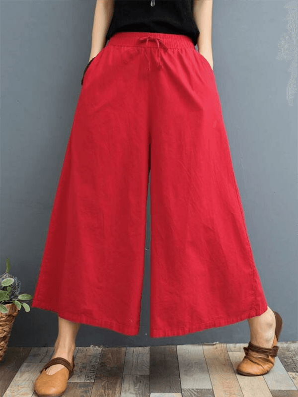 lovevop Simple Wide Leg Loose Drawstring Solid Color Casual Pants Bottoms