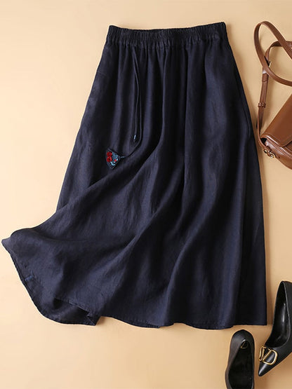 Lovevop Cotton Linen Loose Casual Elastic Waist Skirt