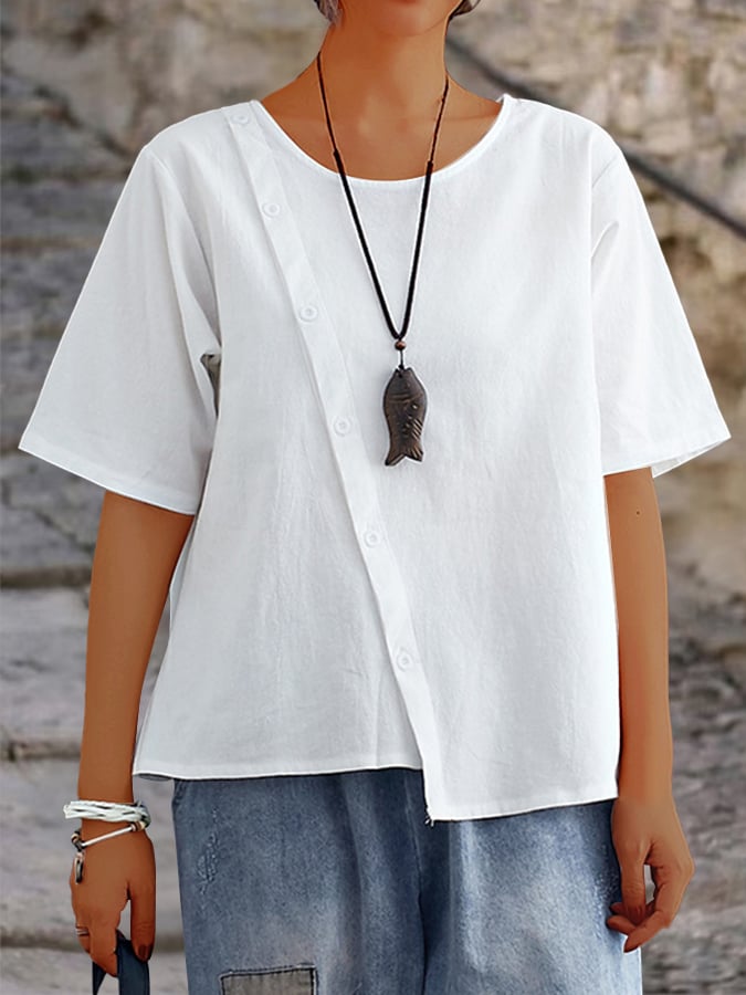 Lovevop Cotton Linen Short-Sleeved Button Irregular Shirt